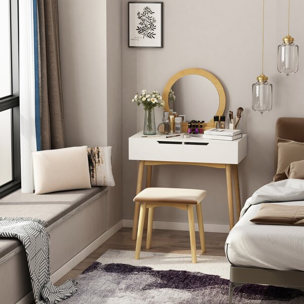 HOMCOM Toeletta Design Scandinavo con Specchio, 2 Cassetti e Sgabello Bianco e Pino Chiaro