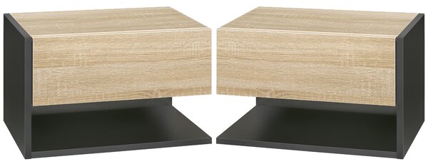 HOMCOM Set di 2 Comodini da Parete - Set di 2 Comodini da Notte - cassetto Scorrevole, Scaffale, Bicolore Effetto Rovere Nero