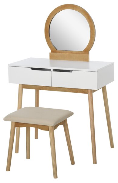 HOMCOM Toeletta Design Scandinavo con Specchio, 2 Cassetti e Sgabello Bianco e Pino Chiaro