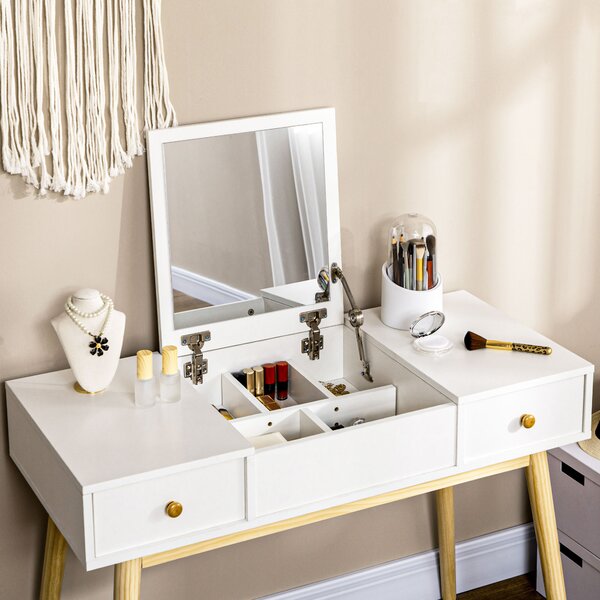 HOMCOM Set di toeletta con sgabello specchio ribaltabile stile scandinavo 2 cassetti 100 x 45 x 118 cm, bianco