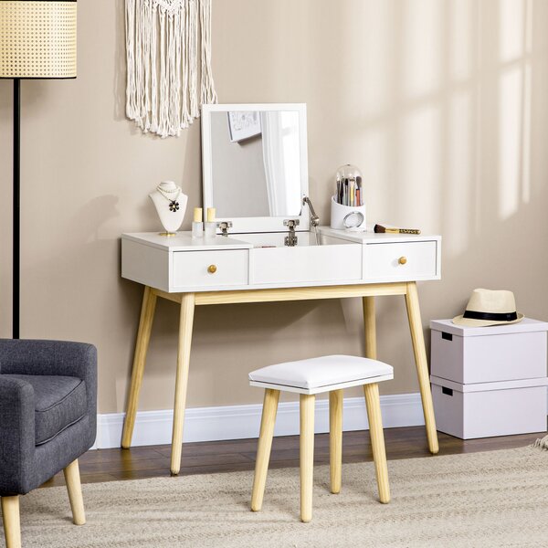 HOMCOM Set di toeletta con sgabello specchio ribaltabile stile scandinavo 2 cassetti 100 x 45 x 118 cm, bianco