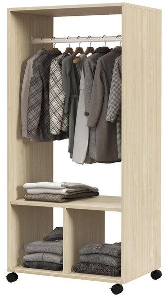 HOMCOM Armadio appendiabiti scaffale 2 nicchie asta appendiabiti 4 ruote girevoli dim. 60L x 40P x 128H cm legno naturale