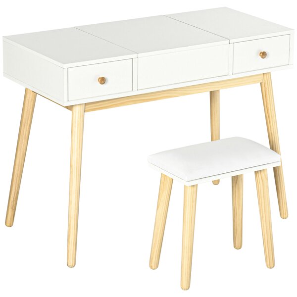 HOMCOM Set di toeletta con sgabello specchio ribaltabile stile scandinavo 2 cassetti 100 x 45 x 118 cm, bianco