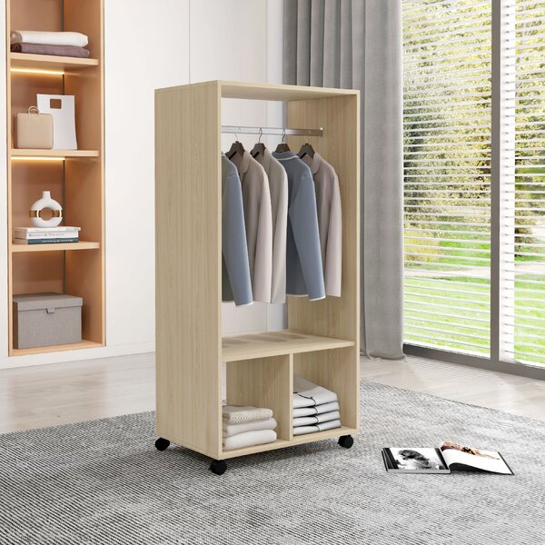 HOMCOM Armadio appendiabiti scaffale 2 nicchie asta appendiabiti 4 ruote girevoli dim. 60L x 40P x 128H cm legno naturale