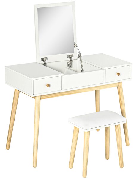 HOMCOM Set di toeletta con sgabello specchio ribaltabile stile scandinavo 2 cassetti 100 x 45 x 118 cm, bianco