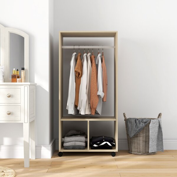 HOMCOM Armadio appendiabiti scaffale 2 nicchie asta appendiabiti 4 ruote girevoli dim. 60L x 40P x 128H cm legno naturale