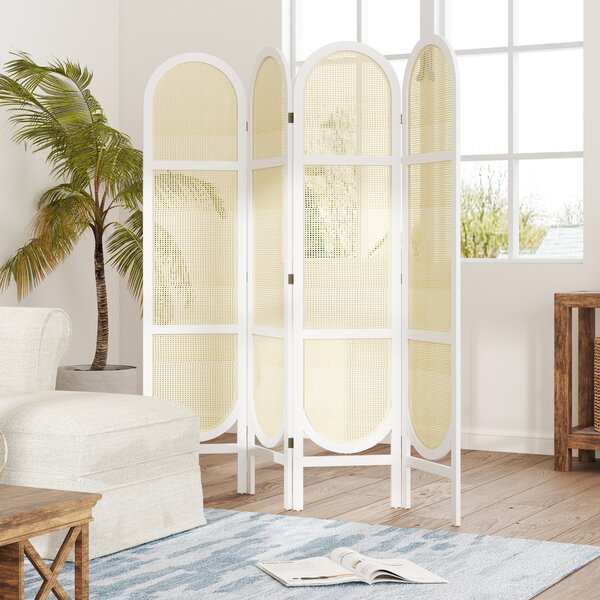 HOMCOM Paravento interno in legno 4 pannelli 170 x 160 cm pieghevole e portatile, motivo intrecciato a mano, bianco