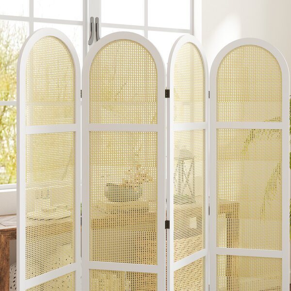 HOMCOM Paravento interno in legno 4 pannelli 170 x 160 cm pieghevole e portatile, motivo intrecciato a mano, bianco