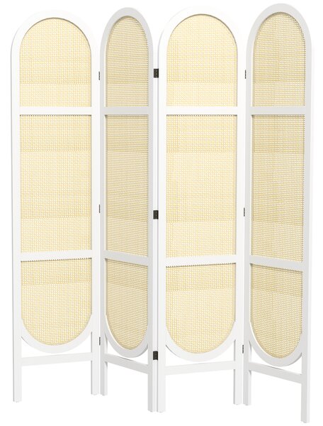 HOMCOM Paravento interno in legno 4 pannelli 170 x 160 cm pieghevole e portatile, motivo intrecciato a mano, bianco