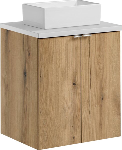 Mobile Bagno 50 Cm In Rovere Con Piano Bianco E Lavabo Da Appoggio