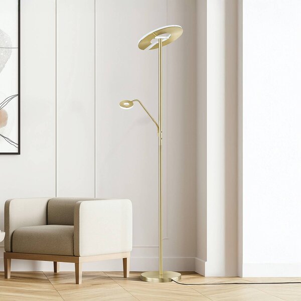 FISCHER & HONSEL Lampada da terra con luce lettura Dent, dimmerabile, Ottone / Oro, Soggiorno / Sala da pranzo, Metallo, Moderno, Lampada LED da terra