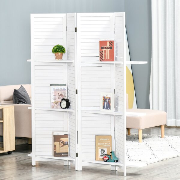HOMCOM Paravento interno a 4 Pannelli 160L x 170H cm 3 Ripiani Pieghevoli separatore per interni Porte a persiana Legno di Paulownia Bianco
