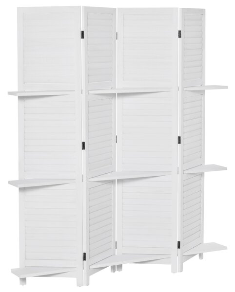 HOMCOM Paravento interno a 4 Pannelli 160L x 170H cm 3 Ripiani Pieghevoli separatore per interni Porte a persiana Legno di Paulownia Bianco
