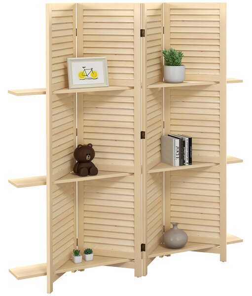 HOMCOM Paravento interno a 4 pannelli 160L x 170H cm 3 mensole pieghevoli separatore di ambiente porte a persiana naturale