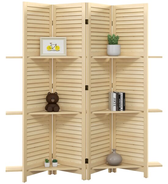 HOMCOM Paravento interno a 4 pannelli 160L x 170H cm 3 mensole pieghevoli separatore di ambiente porte a persiana naturale