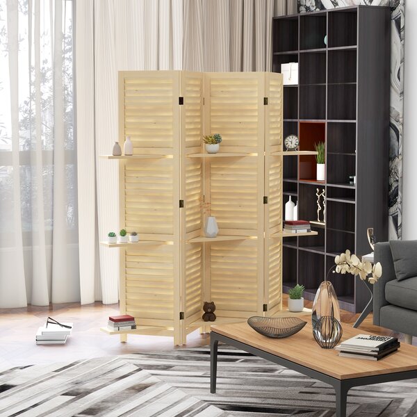 HOMCOM Paravento interno a 4 pannelli 160L x 170H cm 3 mensole pieghevoli separatore di ambiente porte a persiana naturale