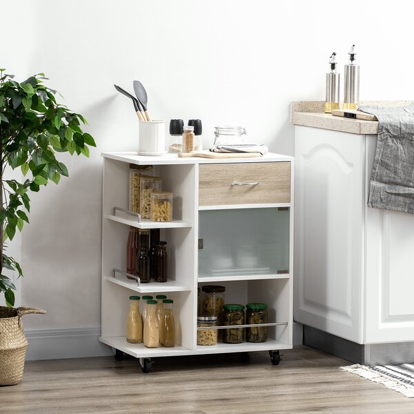 HOMCOM Carrello da cucina isola centrale cucina ruote girevoli a 360° scaffali con barriere 65 x 39 x 80 cm bianco