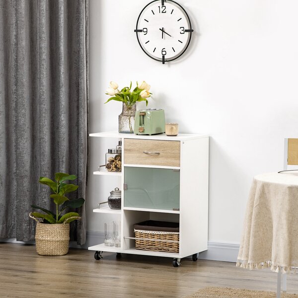 HOMCOM Carrello da cucina isola centrale cucina ruote girevoli a 360° scaffali con barriere 65 x 39 x 80 cm bianco