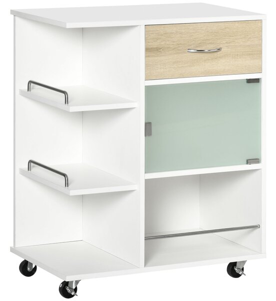 HOMCOM Carrello da cucina isola centrale cucina ruote girevoli a 360° scaffali con barriere 65 x 39 x 80 cm bianco