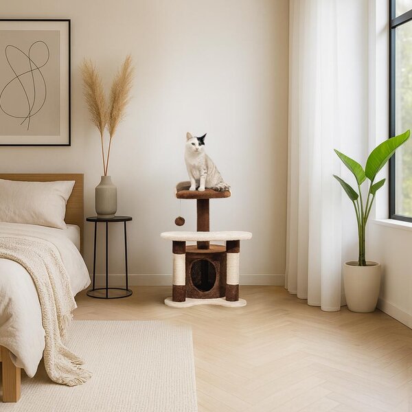 Belviona tiragraffi per gatti 65 cm, tiragraffi compatto con grotta, area per sdraiarsi e pali in sisal, area di gioco e riposo stabile, marrone/beige