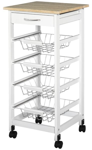HOMCOM Carrello di servizio con scomparti multipli su ruote 4 cesti in metallo + cassetto in legno di pino 37 x 37 x 82 cm bianco