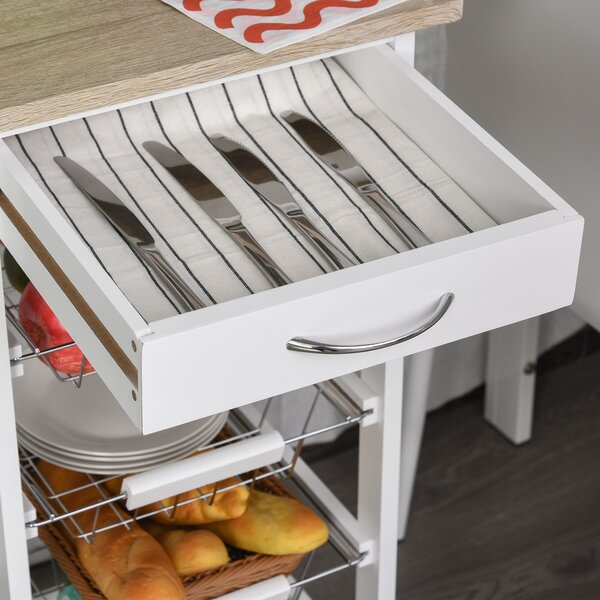 HOMCOM Carrello di servizio con scomparti multipli su ruote 4 cesti in metallo + cassetto in legno di pino 37 x 37 x 82 cm bianco