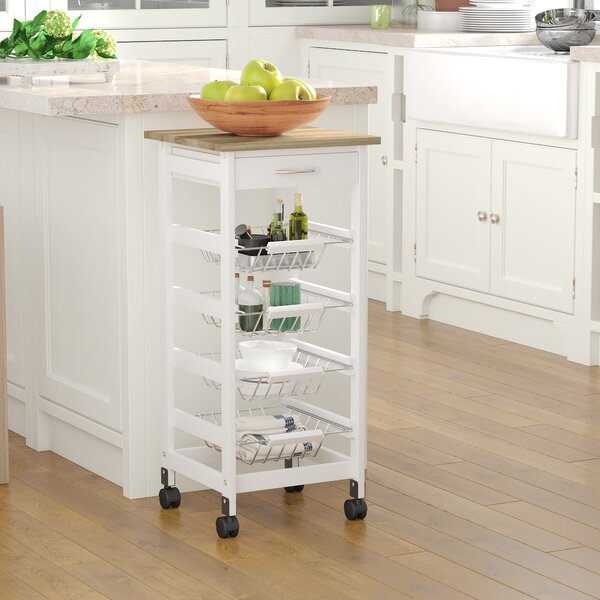 HOMCOM Carrello di servizio con scomparti multipli su ruote 4 cesti in metallo + cassetto in legno di pino 37 x 37 x 82 cm bianco