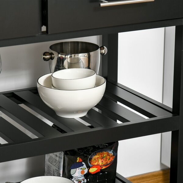 HOMCOM Carrello di servizio per la cucina con ruote, 2 ripiani, 2 cassetti nero legno naturale