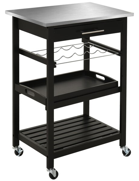 HOMCOM Carrello di Servizio da Cucina con Ruote e Mensola Porta Bottiglie 60L x 40P x 85A cm Piano in Acciaio Inox Nero