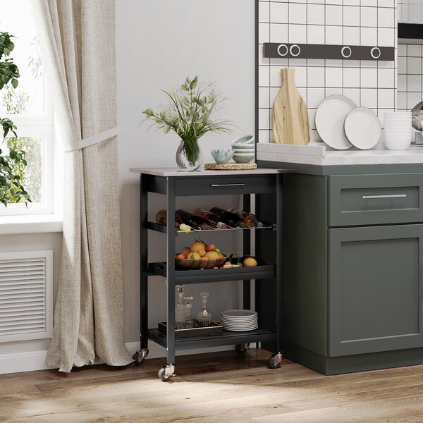 HOMCOM Carrello di Servizio da Cucina con Ruote e Mensola Porta Bottiglie 60L x 40P x 85A cm Piano in Acciaio Inox Nero