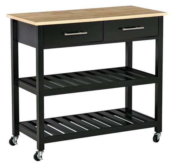 HOMCOM Carrello di servizio per la cucina con ruote, 2 ripiani, 2 cassetti nero legno naturale