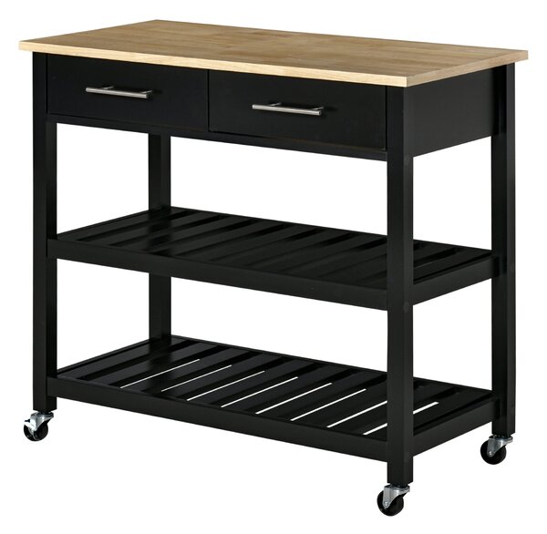 HOMCOM Carrello di servizio per la cucina con ruote, 2 ripiani, 2 cassetti nero legno naturale