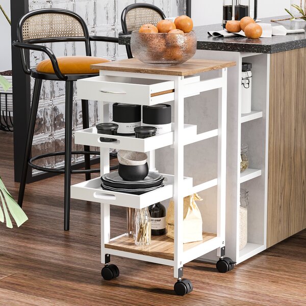 HOMCOM Carrello da cucina con ruote e 2 ripiani rimovibili, multi-rangementi cassetto con scaffale quercia di pino, 37x37x76 cm, bianco | Aosom Italy