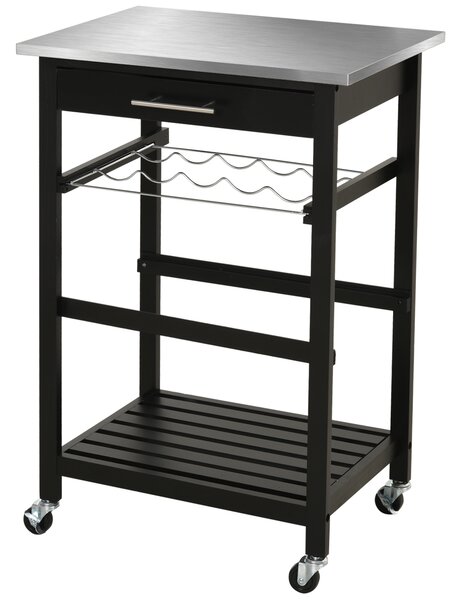 HOMCOM Carrello di Servizio da Cucina con Ruote e Mensola Porta Bottiglie 60L x 40P x 85A cm Piano in Acciaio Inox Nero