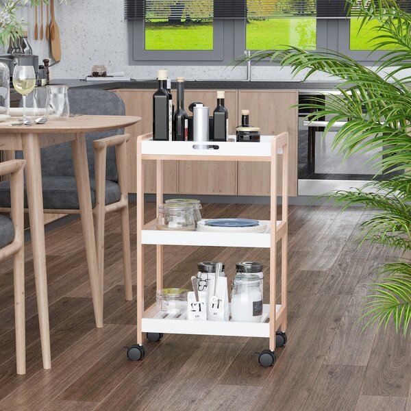 HOMCOM Carrello da servizio desserte da cucina a ruote 2 ripiani + piano removibile legno di pino MDF bianco