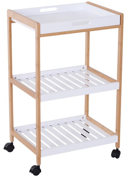 HOMCOM Carrello da servizio desserte da cucina a ruote 2 ripiani + piano removibile legno di pino MDF bianco