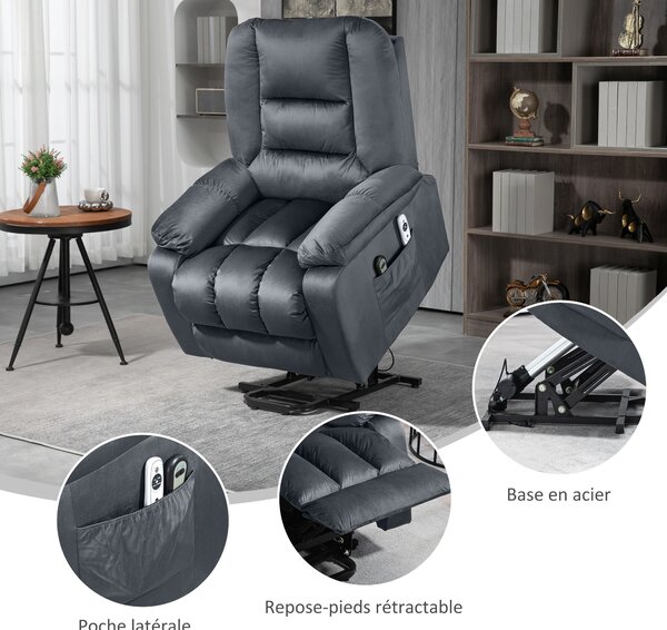HOMCOM Poltrona sollevatore elettrico poltrona reclinabile 8 punti di massaggio vibrante 85 x 94 x 107 cm grigio