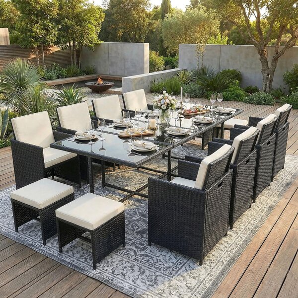Set di mobili da giardino in polirattan per tavolo da pranzo e salotto Set da giardino da 13 pezzi 1x tavolo + 8x sedie + 4x sgabelli - nero