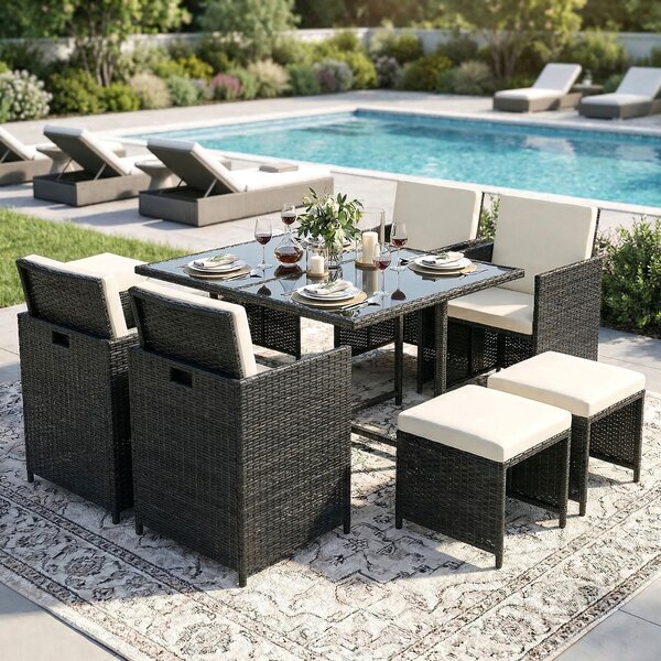 Gruppo di sedute in poly rattan tavolo da pranzo salotto set da giardino 9 pezzi 1x tavolo + 4x sedie + 4x sgabelli - nero