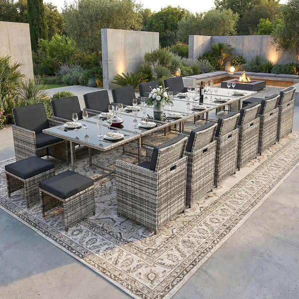 Gruppo di sedute in poly rattan tavolo da pranzo salotto giardino set 17 pezzi 1x tavolo + 12x sedie + 4x sgabelli - grigio