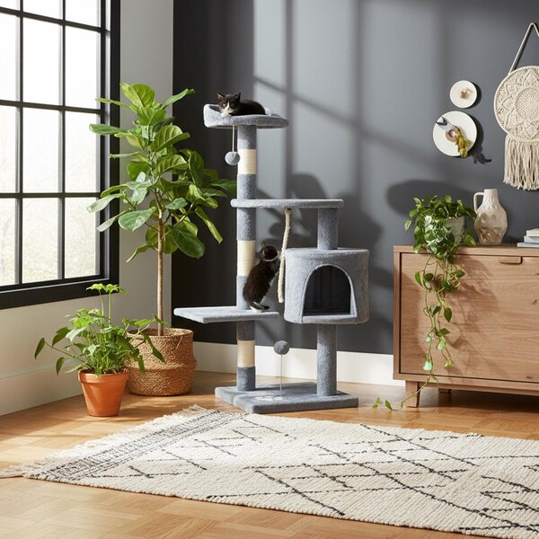 Belviona tiragraffi per gatti, tiragraffi compatto da 112 cm con palline da gioco, sisal e grotta di coccole, grigio chiaro
