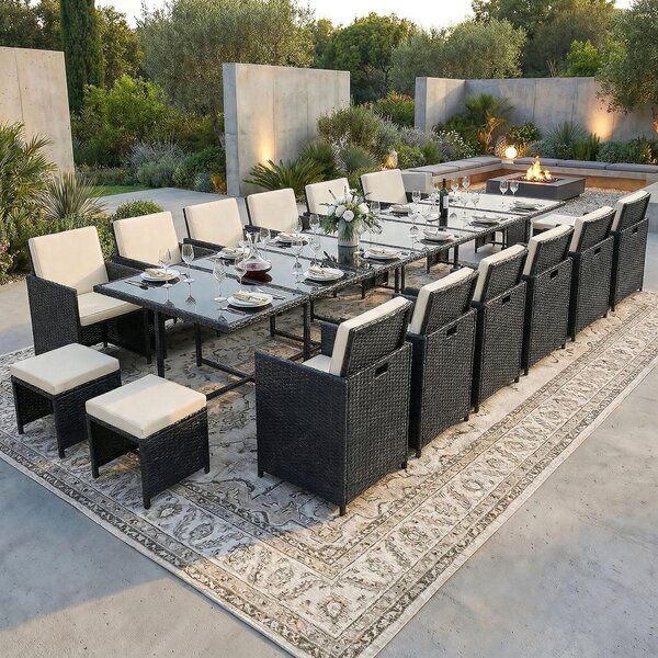 Set di mobili da giardino in polirattan per tavolo da pranzo e salotto 17 pezzi 1x tavolo + 12x sedie + 4x sgabelli - nero