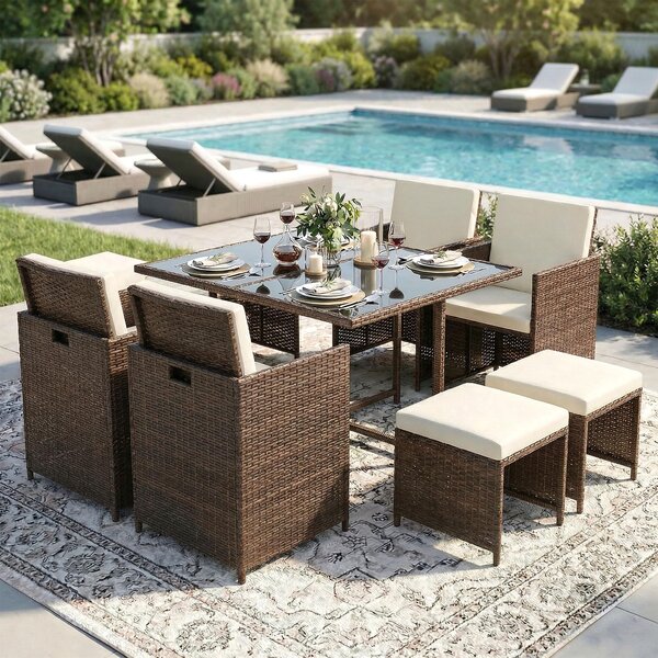 Gruppo di sedute in poly rattan tavolo da pranzo salotto set di mobili da giardino 9 pezzi 1x tavolo + 4x sedie + 4x sgabelli - marrone