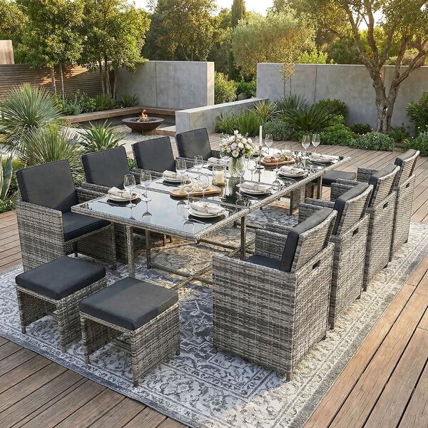 Set di mobili da giardino in polirattan per tavolo da pranzo e salotto Set da giardino da 13 pezzi 1x tavolo + 8x sedie + 4x sgabelli - grigio