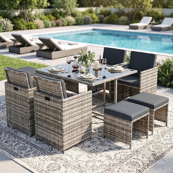 Gruppo di sedute in poly rattan tavolo da pranzo salotto set di mobili da giardino 9 pezzi 1x tavolo + 4x sedie + 4x sgabelli - grigio