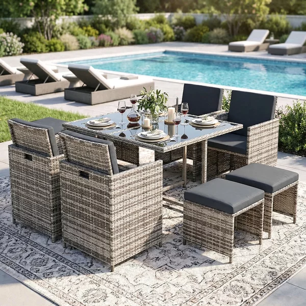Gruppo di sedute in poly rattan tavolo da pranzo salotto set di mobili da giardino 9 pezzi 1x tavolo + 4x sedie + 4x sgabelli - grigio