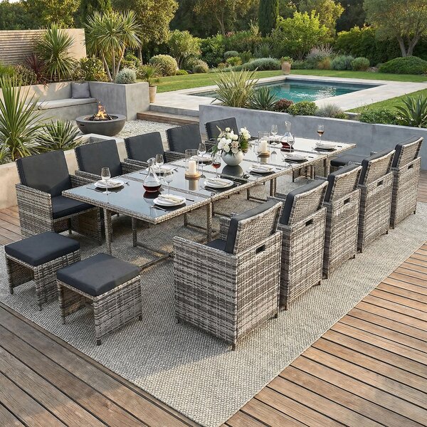 Set di mobili da giardino in polirattan per tavolo da pranzo e salotto Set da giardino da 15 pezzi 1x tavolo + 10x sedie + 4x sgabelli - grigio