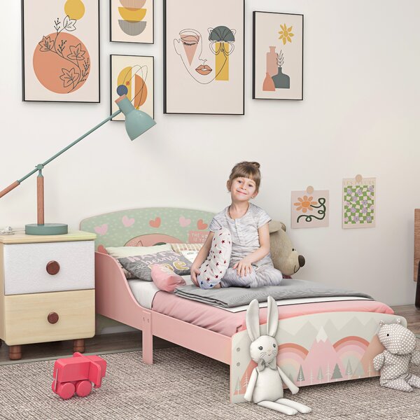 ZONEKIZ Letto per Bambini 3-6 Anni con Bordi Rialzati, Doghe e Fantasia con Animali, 140x70 cm, Rosa