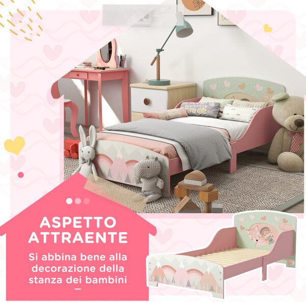 ZONEKIZ Letto per Bambini 3-6 Anni con Bordi Rialzati, Doghe e Fantasia con Animali, 140x70 cm, Rosa