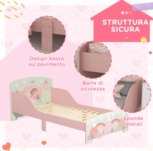ZONEKIZ Letto per Bambini 3-6 Anni con Bordi Rialzati, Doghe e Fantasia con Animali, 140x70 cm, Rosa